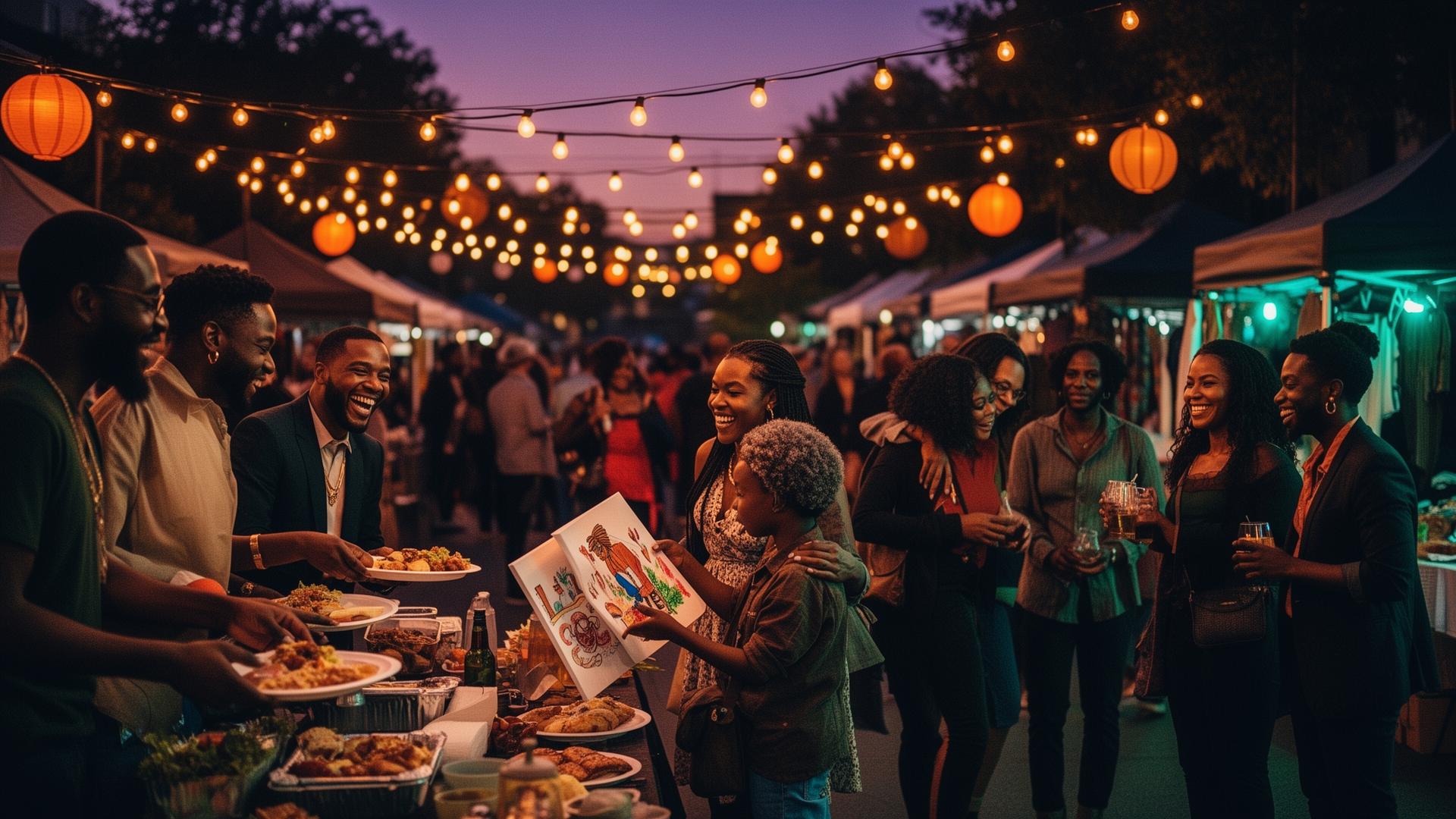 Black entrepreneurs, families, creators and professionals gathering at an outdoor community marketplace under warm string lights