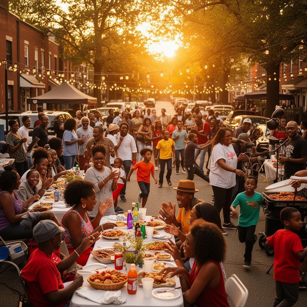 Black neighbors gathered at a vibrant community block party at golden hour