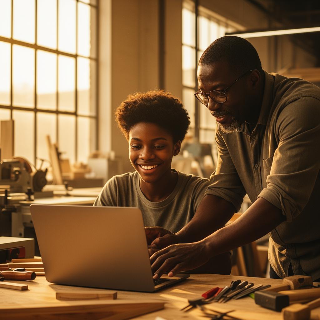 Black community mentor guiding a young teenager through a creative project