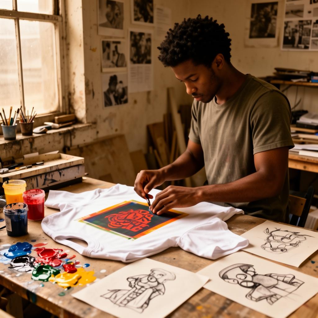 Black creator screen-printing apparel in his studio
