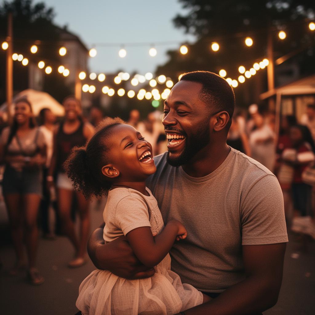 Black father and daughter laughing together at a neighborhood block party